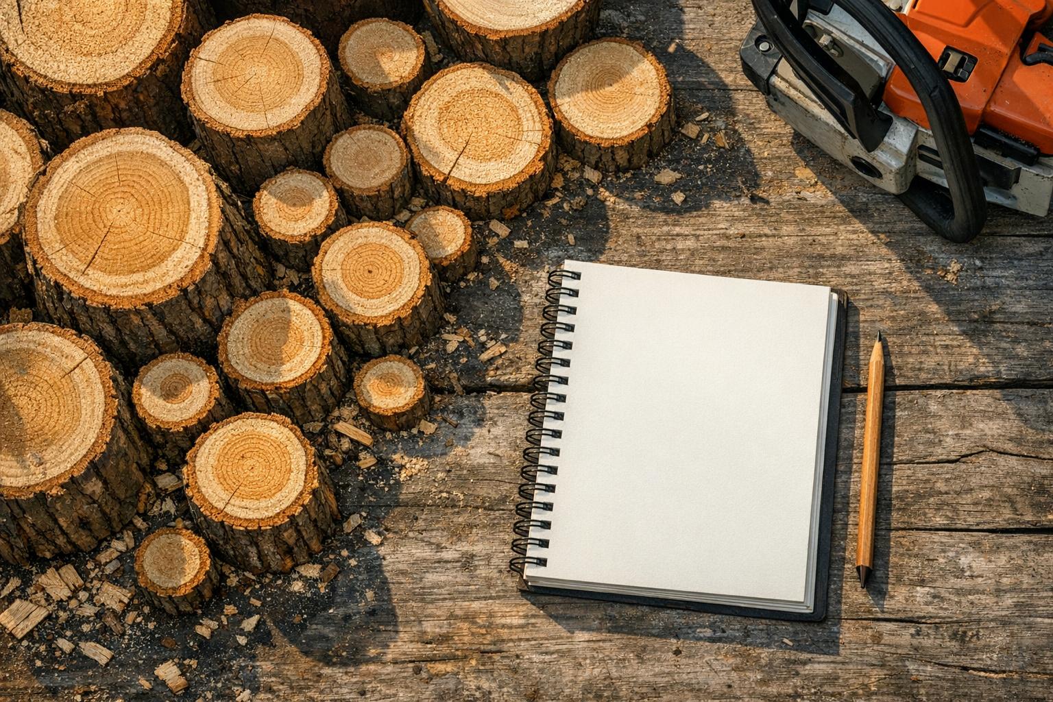 Open notebook, wooden ruler and pencil beside a glass vase on a wooden table AI-generated editorial illustration.